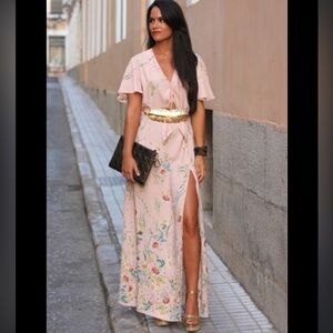 Zara Maxi Dress Women Medium Pink Floral Side Slit Plunging Neck Botanical HH